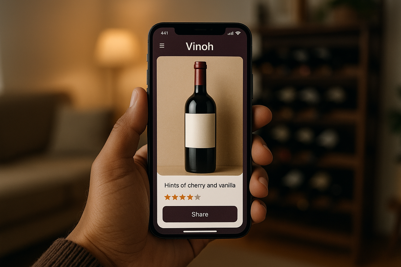 A close-up shot of a person's hand holding a smartphone. On the screen is a beautiful and modern app interface for a wine journal called 'Vinoh'. The app shows a picture of a wine bottle, user's tasting notes like 'hints of cherry and vanilla', a star rating, and a 'Share' button. The background is slightly blurred, showing a cozy living room with a wine rack.