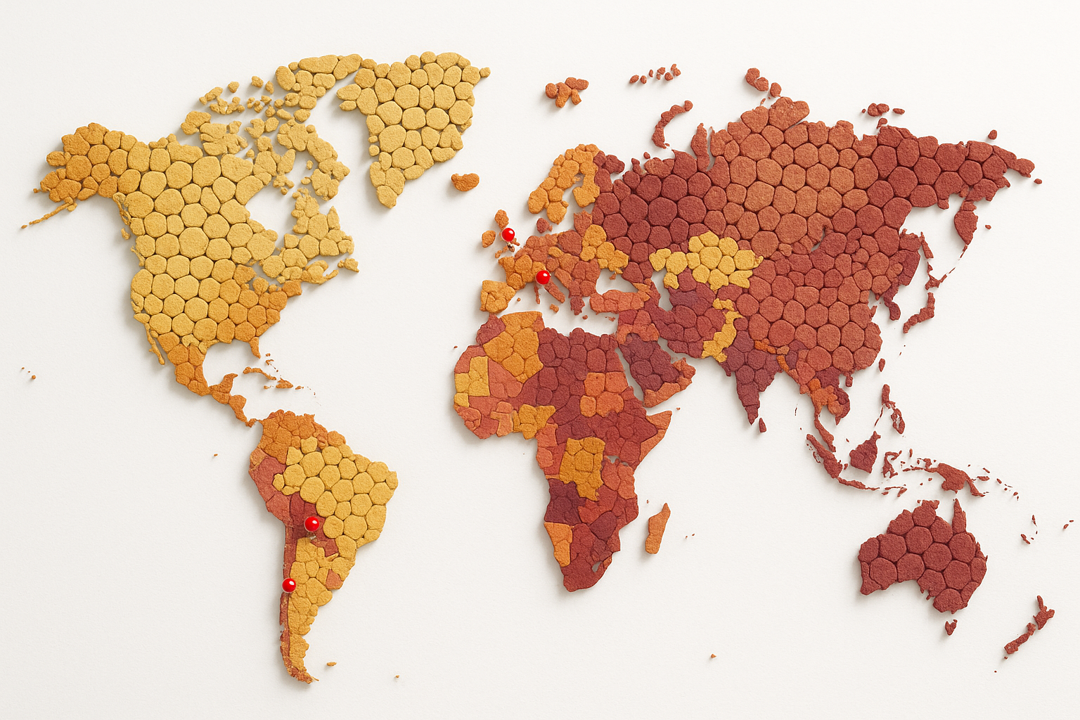 A vibrant, colorful world map made entirely out of wine corks. Each country is a different shade of cork, representing the different wines of the world. A few red pins are stuck in various countries like France, Italy, and Argentina, as if tracking a wine journey. The background is a clean, minimalist white.