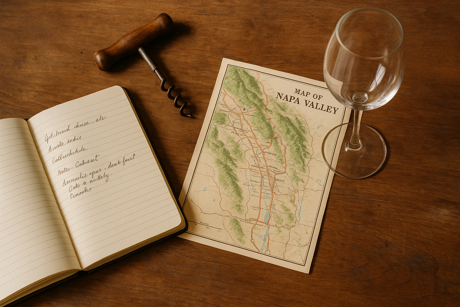 A cozy and inviting flat lay. On a wooden table, there is an open notebook with handwritten notes, a map of a wine region like Napa Valley, a corkscrew, and a single, elegant wine glass. The lighting is soft and natural.
